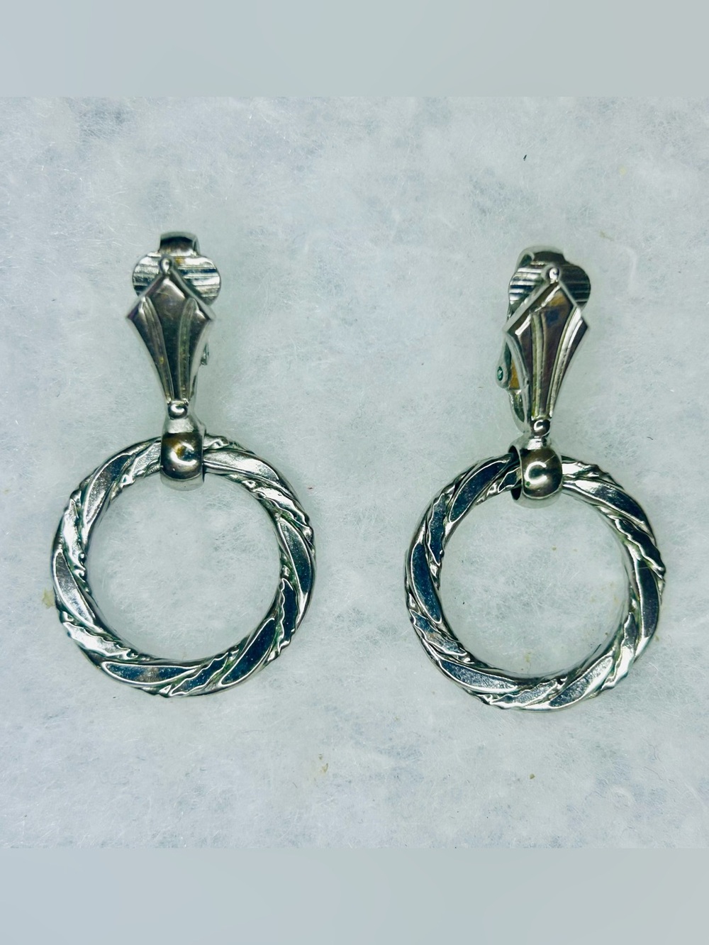 Sterling Silver Textured Hoop Drop Earrings - Silver